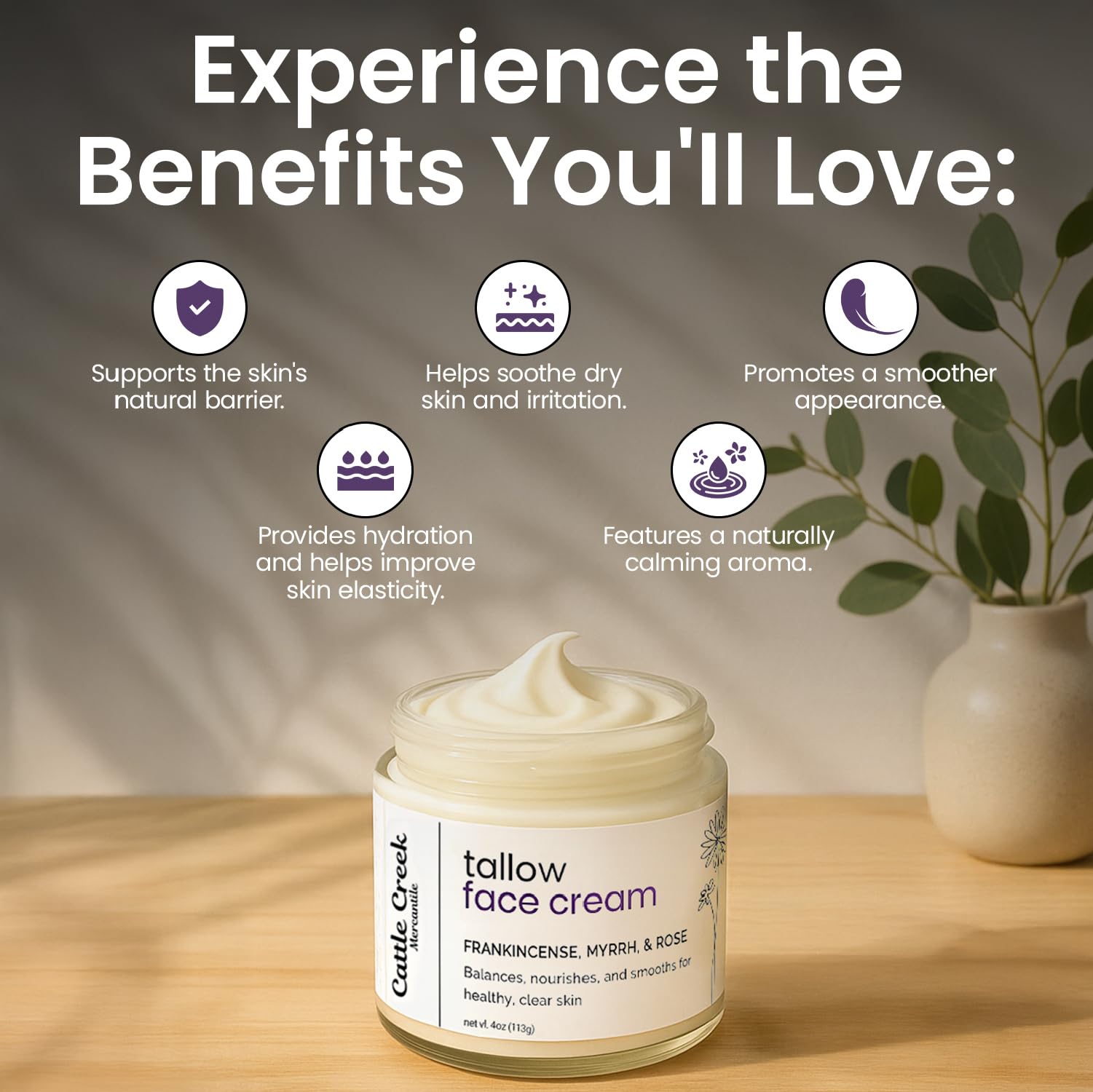 Cattle Creek Mercantile Whipped Tallow Face Moisturizer | Grass-Fed Tallow + Sweet Almond, Myrrh & Frankincense (4 oz)