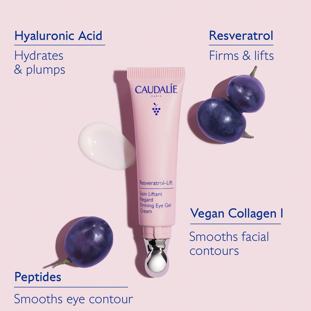 Caudalie Resveratrol-Lift Eye Gel Cream with Peptides, Hyaluronic Acid & Vegan Collagen – 15 mL