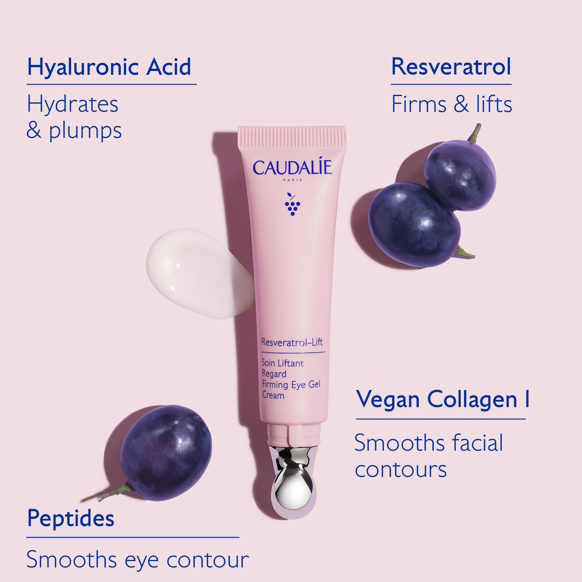 Caudalie Resveratrol-Lift Eye Gel Cream with Peptides, Hyaluronic Acid & Vegan Collagen – 15 mL