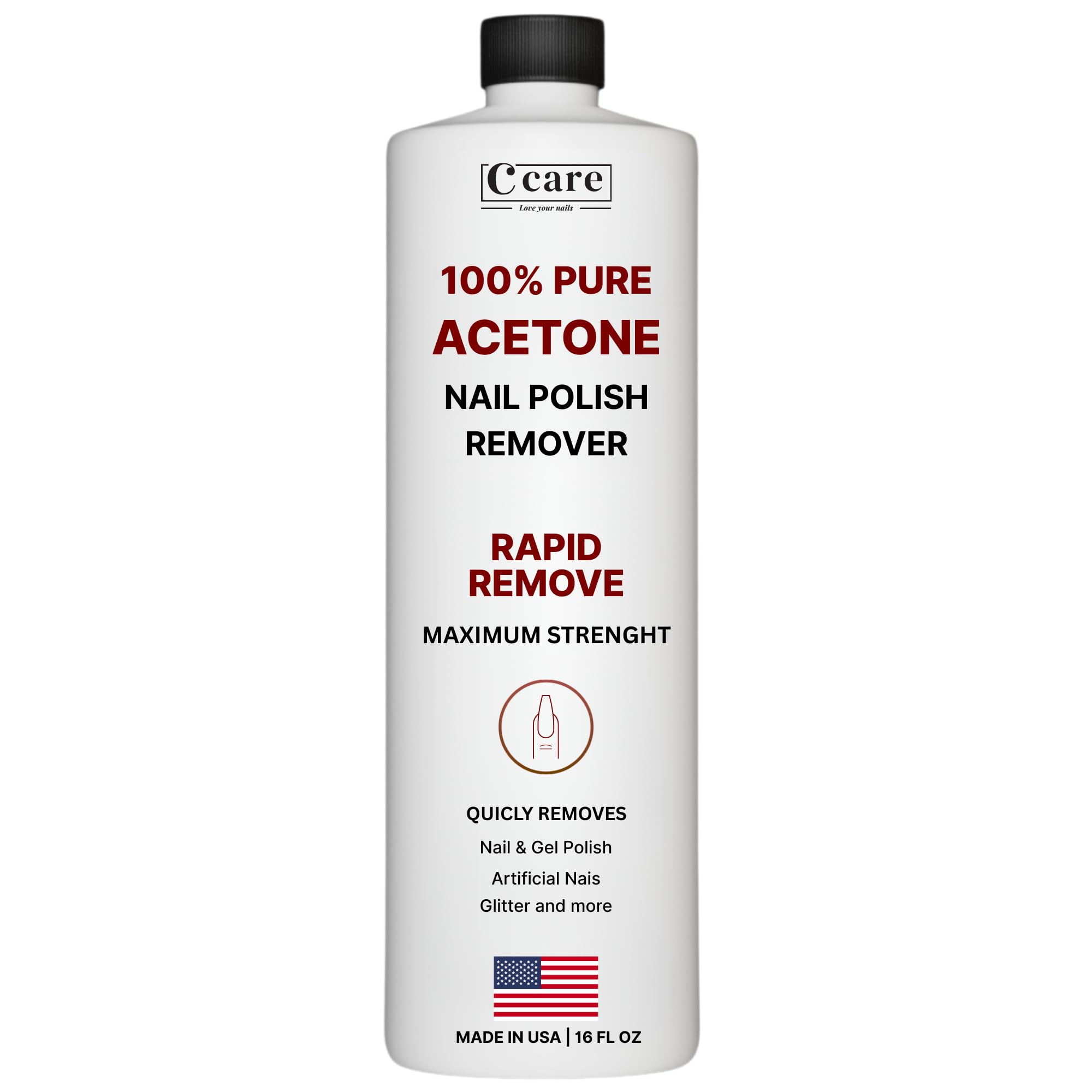 C CARE 100% Pure Acetone Nail Polish Remover | Gel, Acrylic & Glitter Removal | 16 fl oz