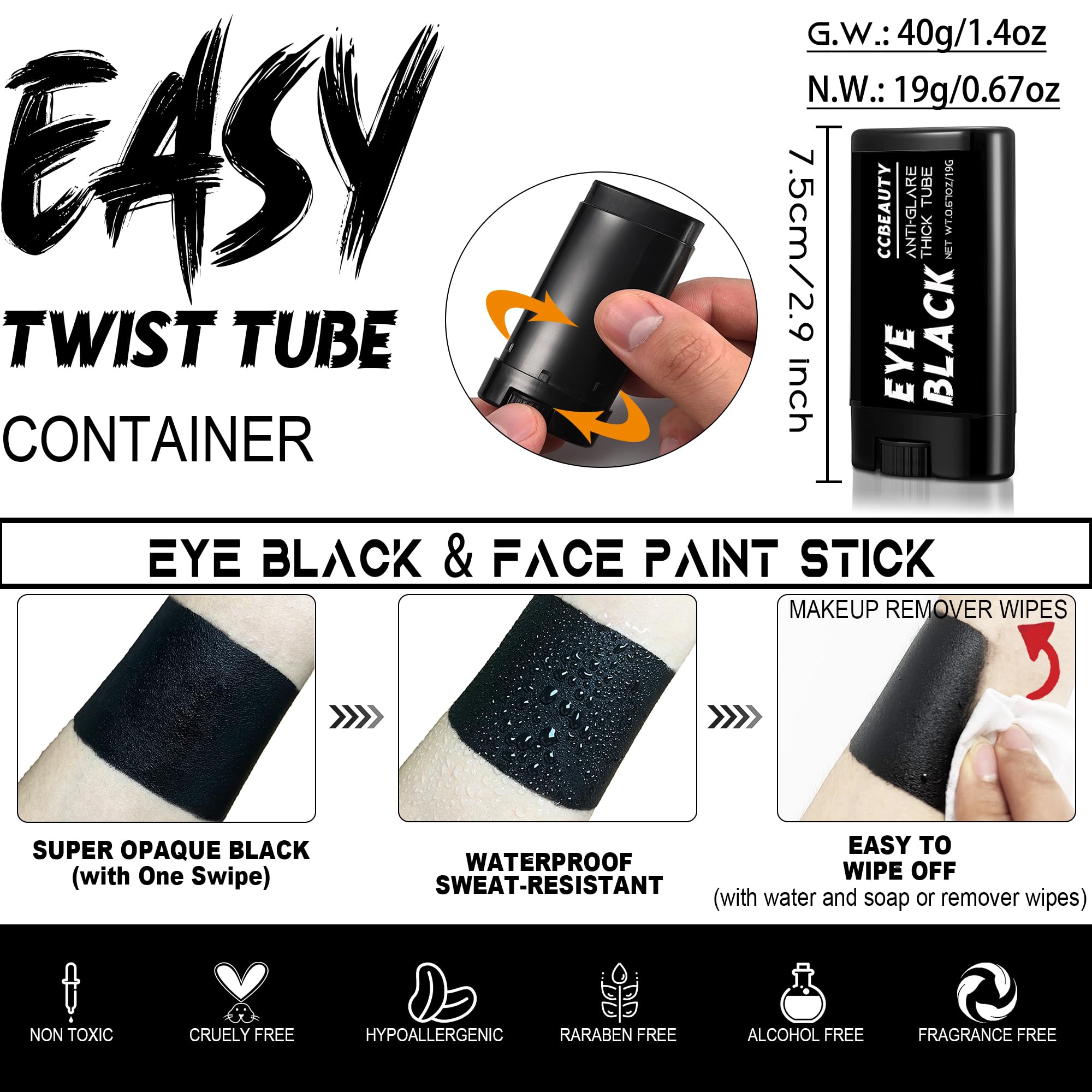 CCbeauty 2 Pack Eye Black Sticks – Sweatproof Eyeblack for Baseball & Football