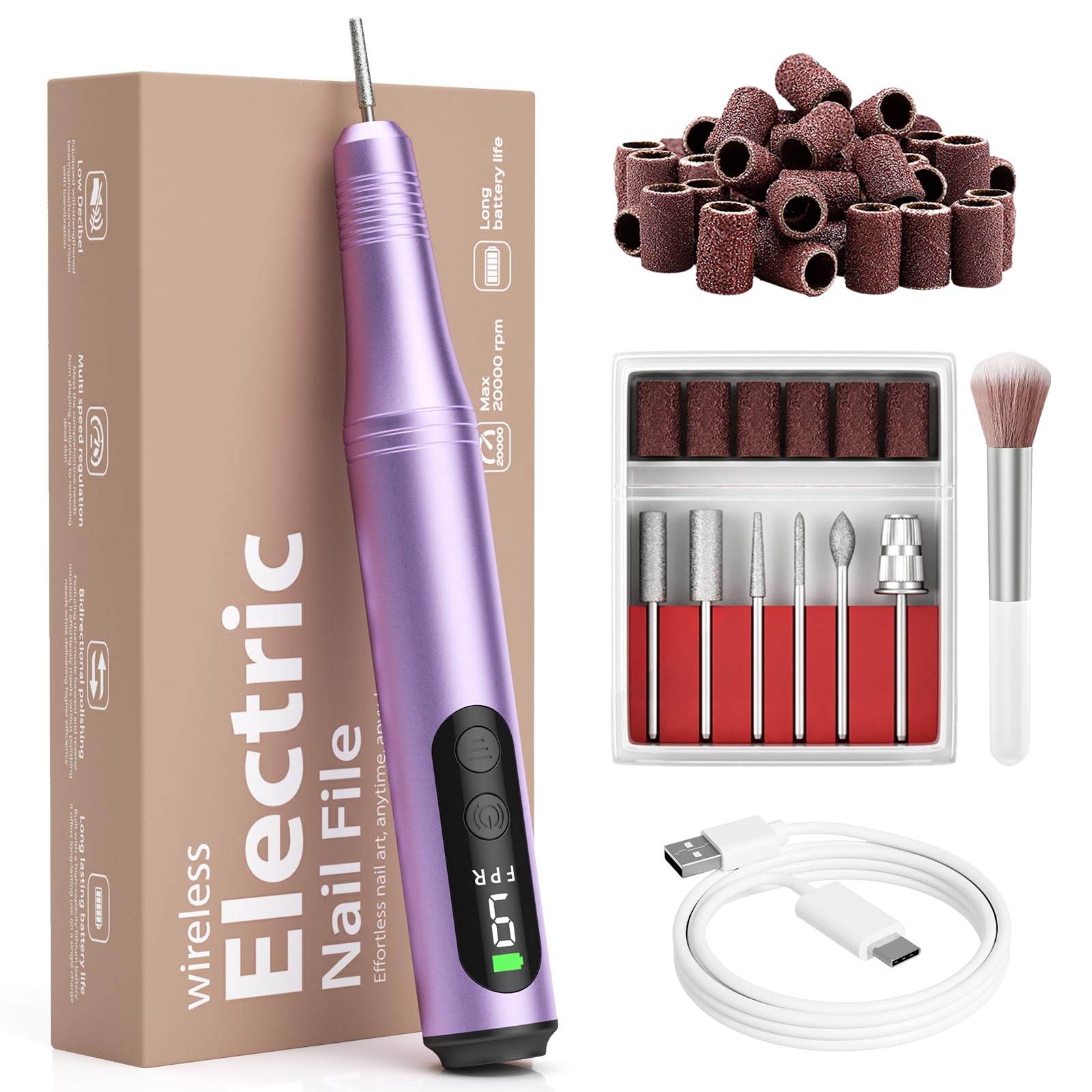 Ccigedy Electric Nail Drill Kit – 6-in-1 Cordless Nail Drill for Home Salon (Purple)
