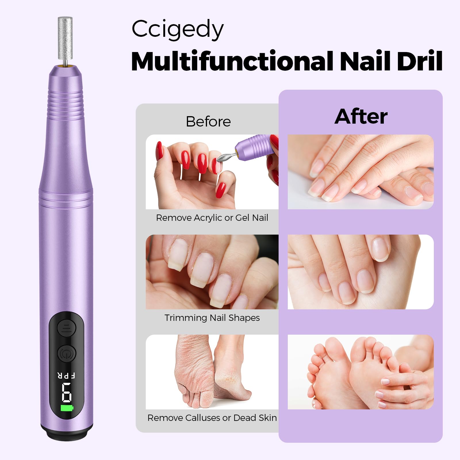 Ccigedy Electric Nail Drill Kit – 6-in-1 Cordless Nail Drill for Home Salon (Purple)