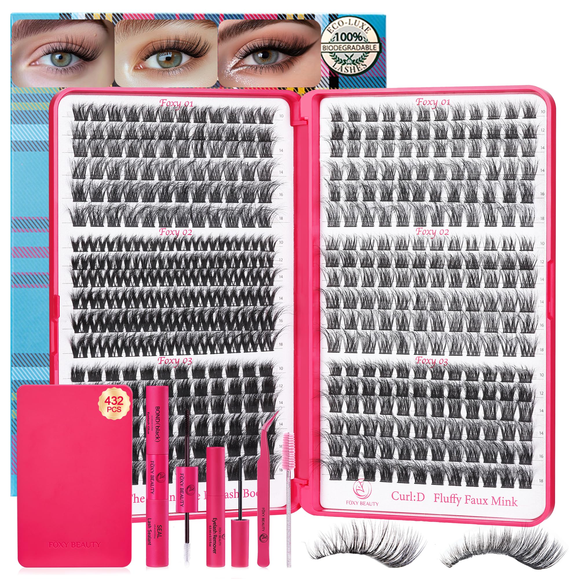 CCODDY Lash Clusters Kit 432 Pcs – D Curl Biodegradable Lashes for DIY Home Extensions