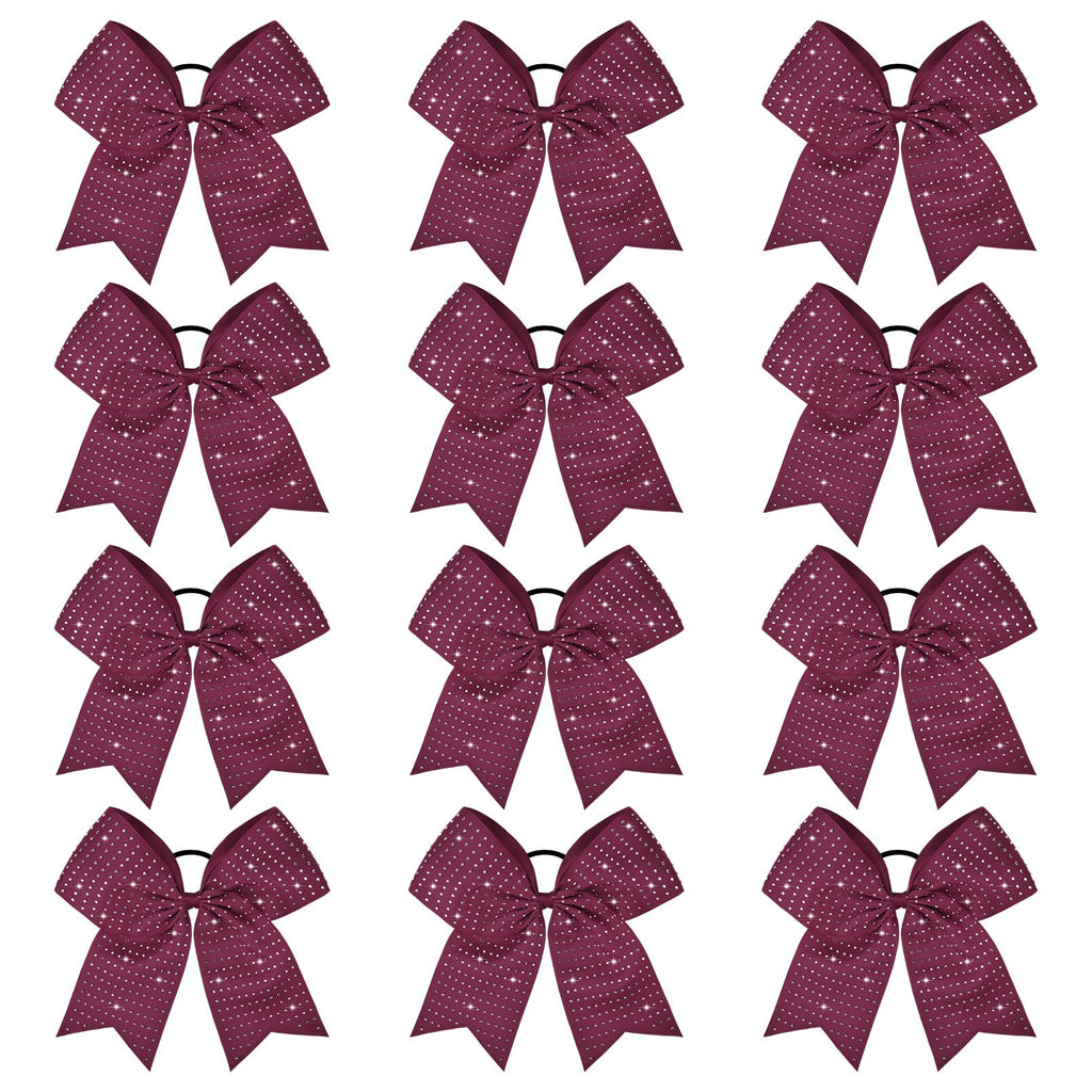 CEELGON 12 PCS Burgundy Glitter Cheer Bows – 8” Large Rhinestones for Teens