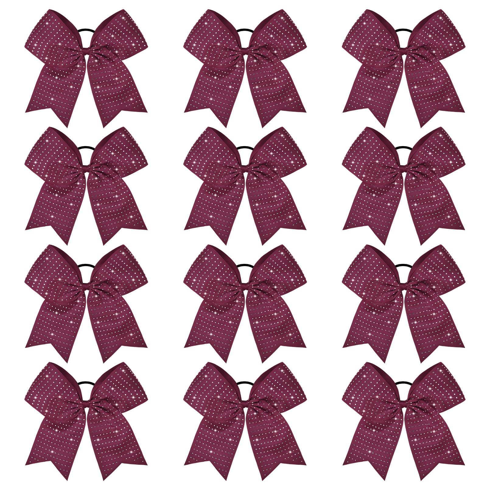 CEELGON 12 PCS Burgundy Glitter Cheer Bows – 8” Large Rhinestones for Teens