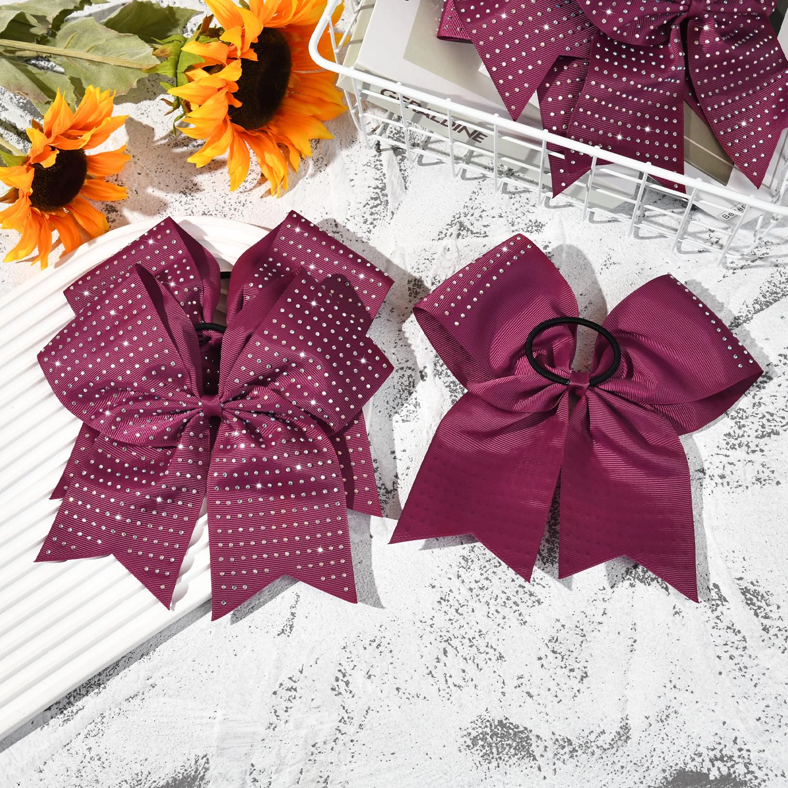 CEELGON 12 PCS Burgundy Glitter Cheer Bows – 8” Large Rhinestones for Teens