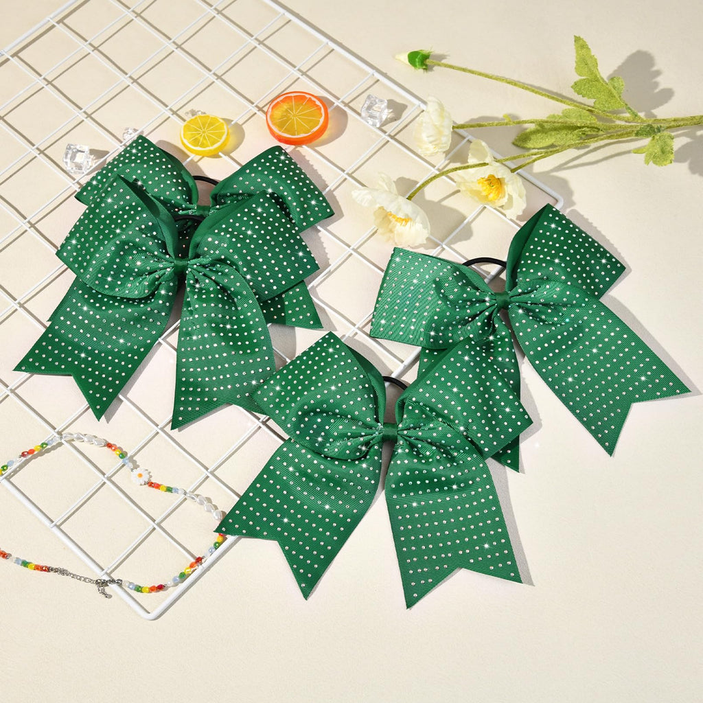 CEELGON 12-Pack Forest Green Glitter Cheer Bows – Large 8-Inch Rhinestone Hair Ties for Teens