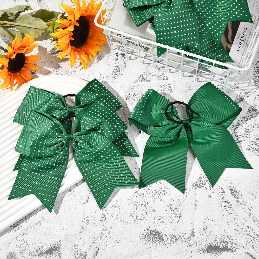 CEELGON 12-Pack Forest Green Glitter Cheer Bows – Large 8-Inch Rhinestone Hair Ties for Teens