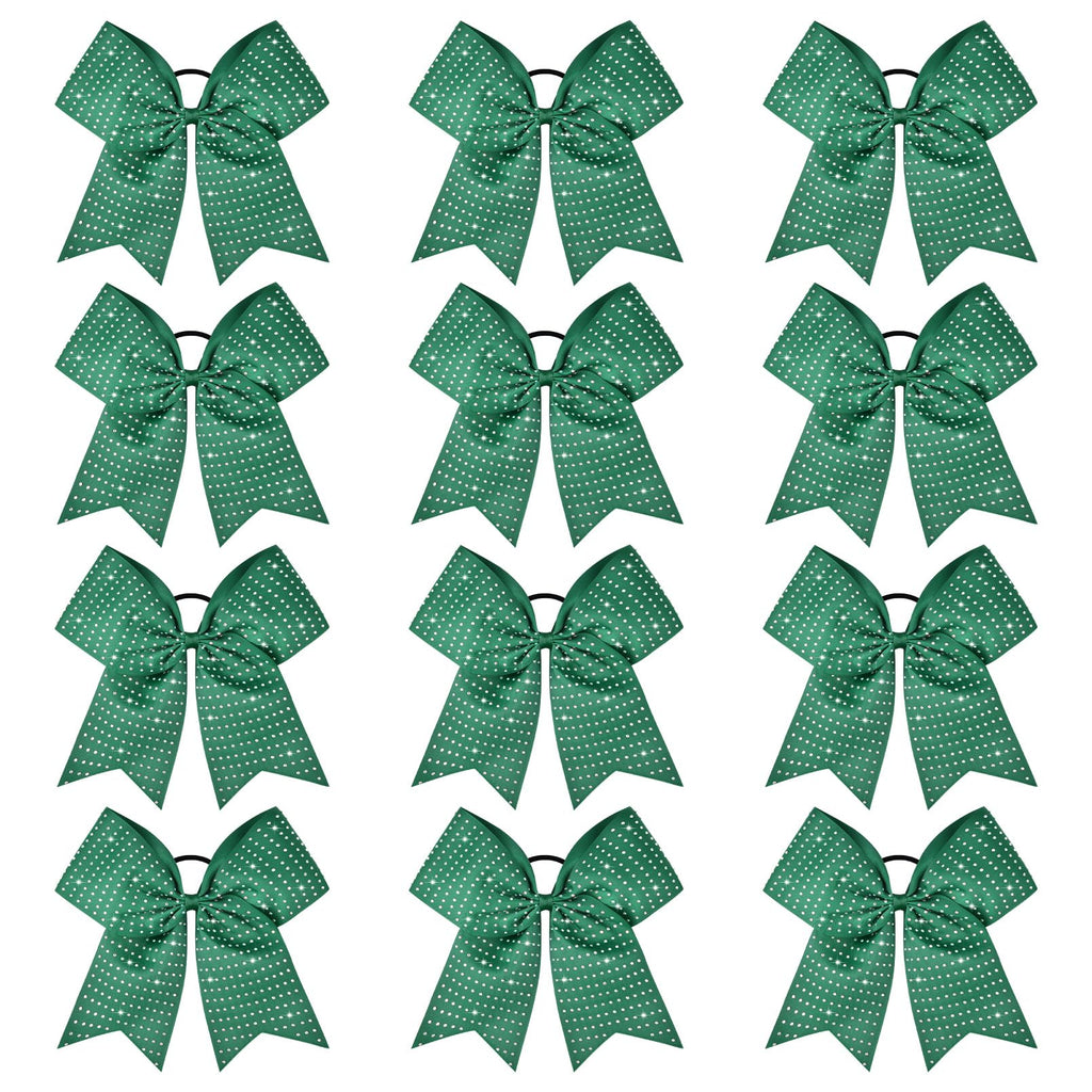 CEELGON 12-Pack Forest Green Glitter Cheer Bows – Large 8-Inch Rhinestone Hair Ties for Teens