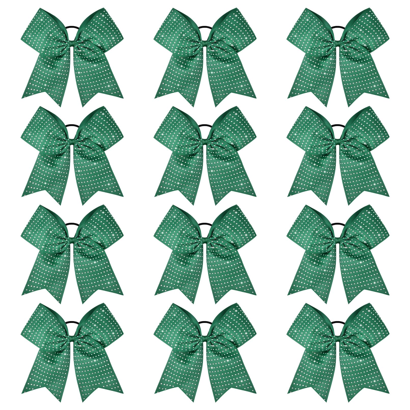 CEELGON 12-Pack Forest Green Glitter Cheer Bows – Large 8-Inch Rhinestone Hair Ties for Teens
