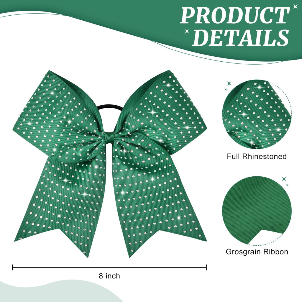 CEELGON 12-Pack Forest Green Glitter Cheer Bows – Large 8-Inch Rhinestone Hair Ties for Teens