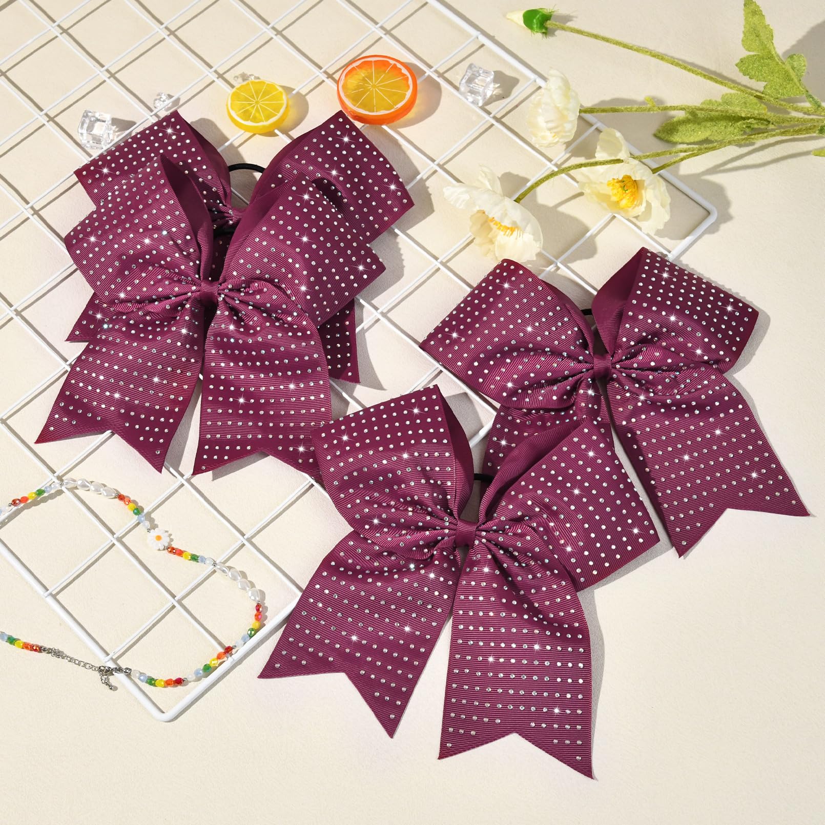 CEELGON 12 PCS Burgundy Glitter Cheer Bows – 8” Large Rhinestones for Teens