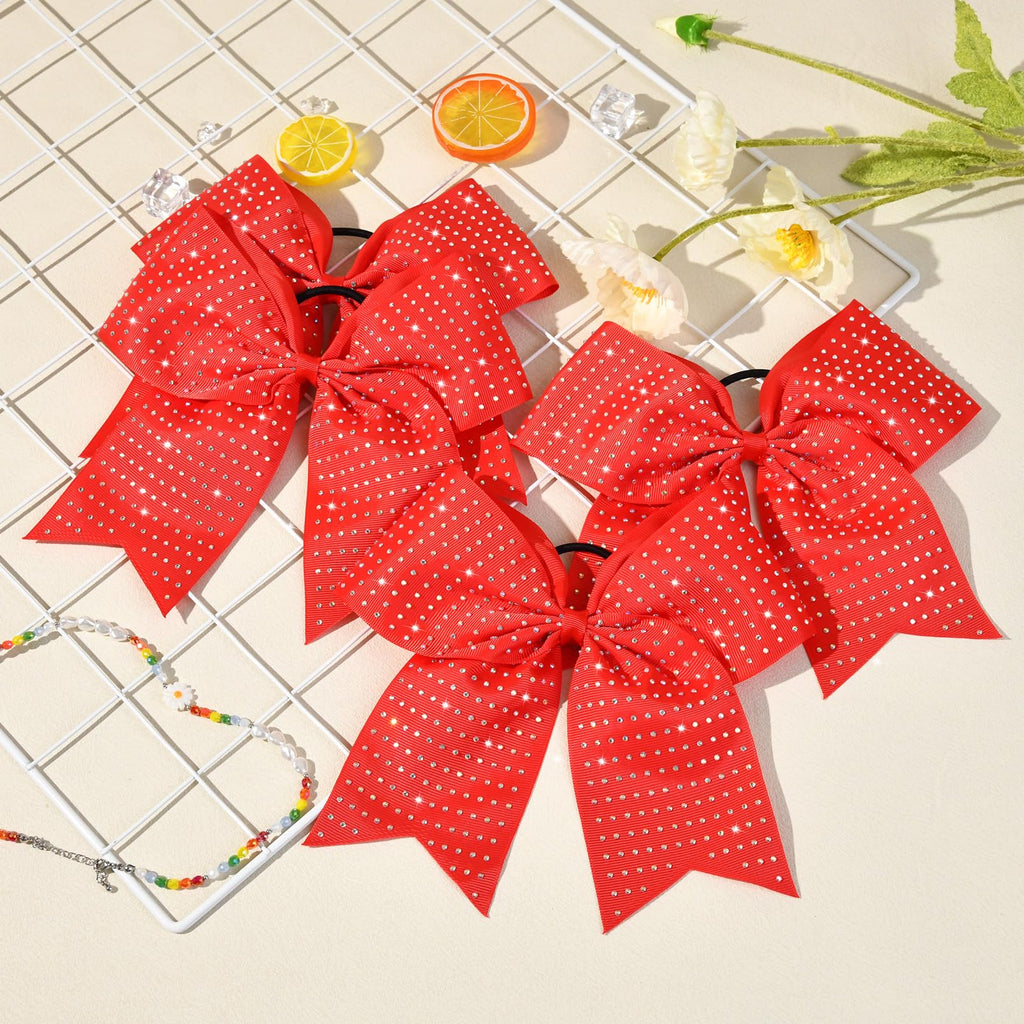 CEELGON 12 PCS Red Glitter Cheer Bows | 8-inch Large Rhinestone Hair Bows for Teens