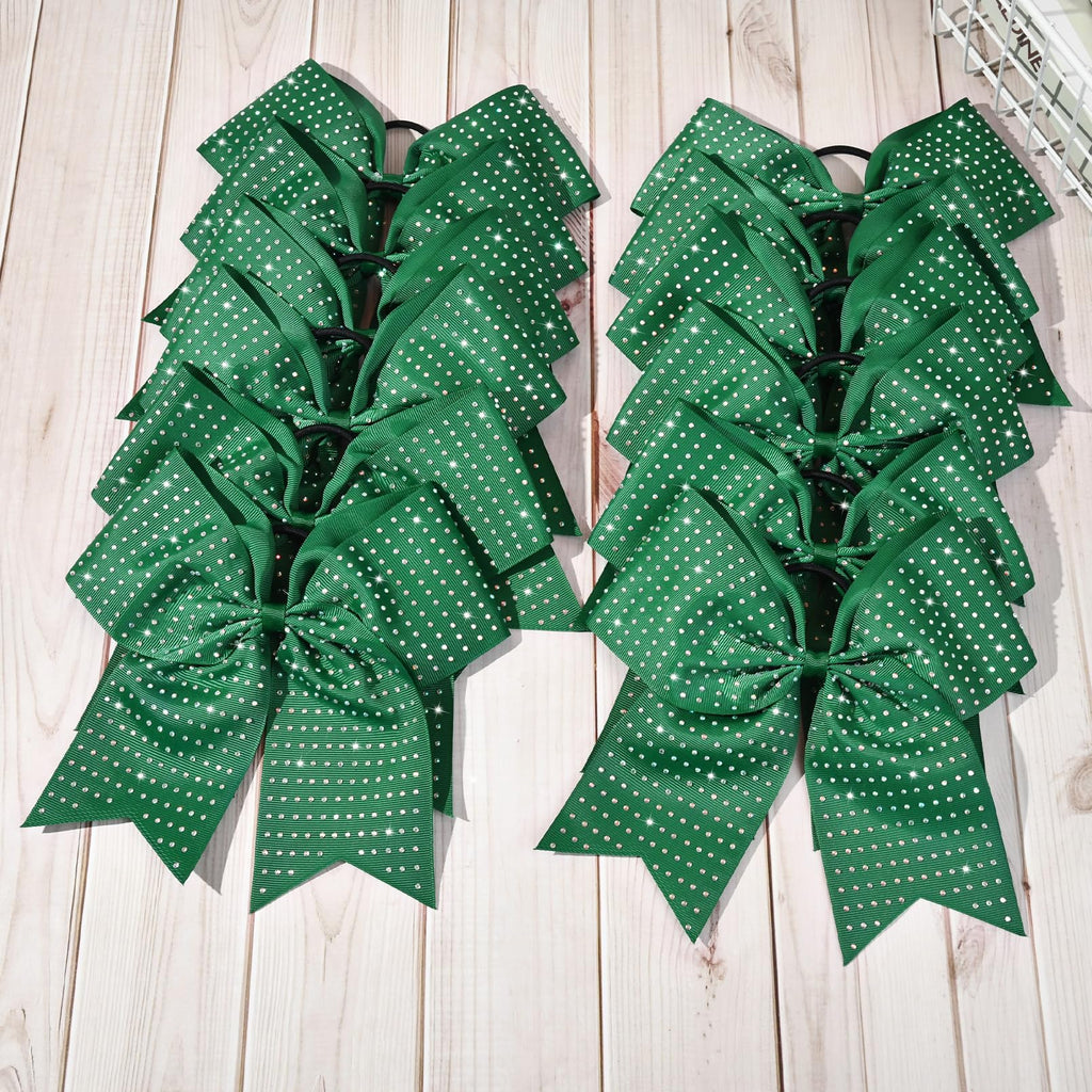 CEELGON 12-Pack Forest Green Glitter Cheer Bows – Large 8-Inch Rhinestone Hair Ties for Teens