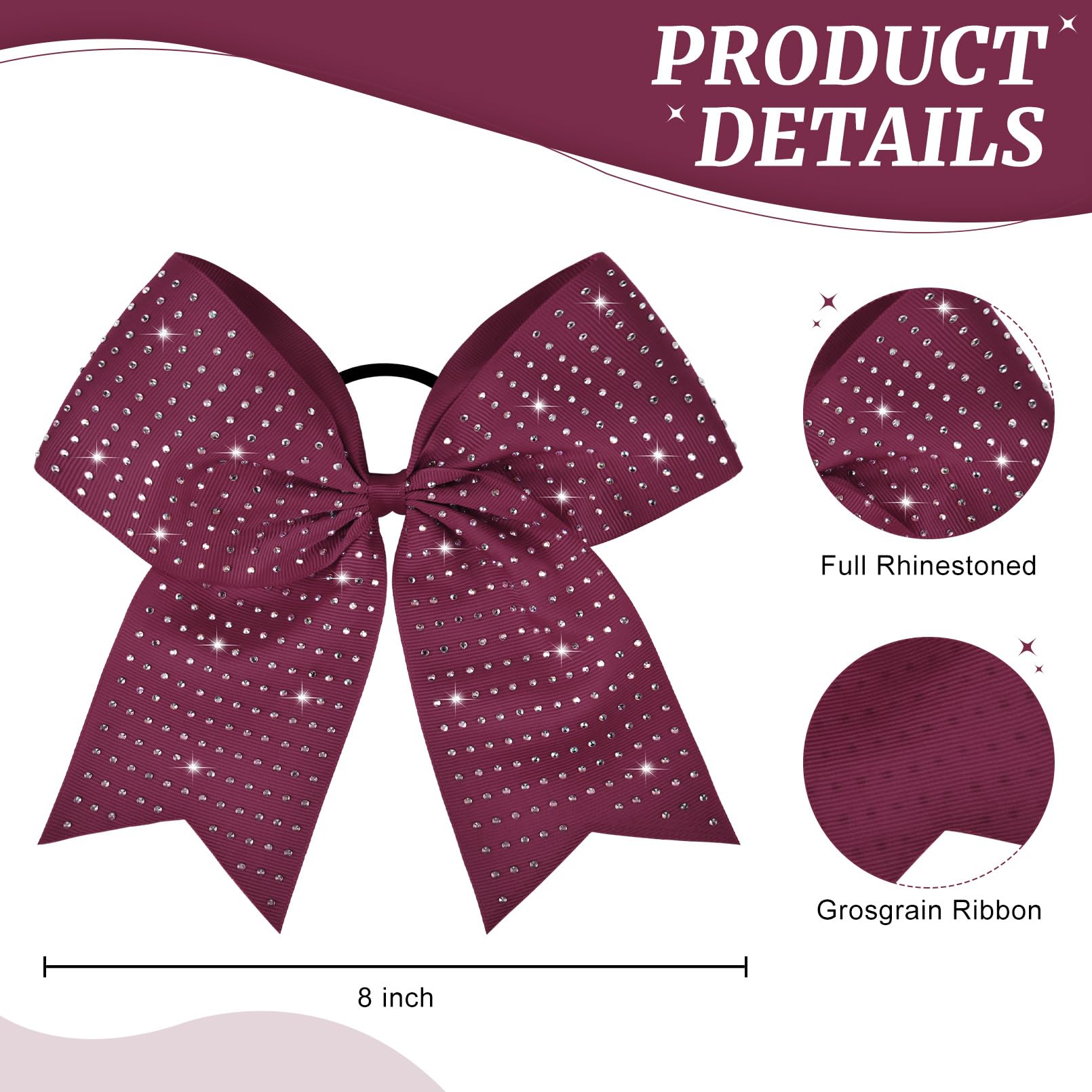 CEELGON 12 PCS Burgundy Glitter Cheer Bows – 8” Large Rhinestones for Teens