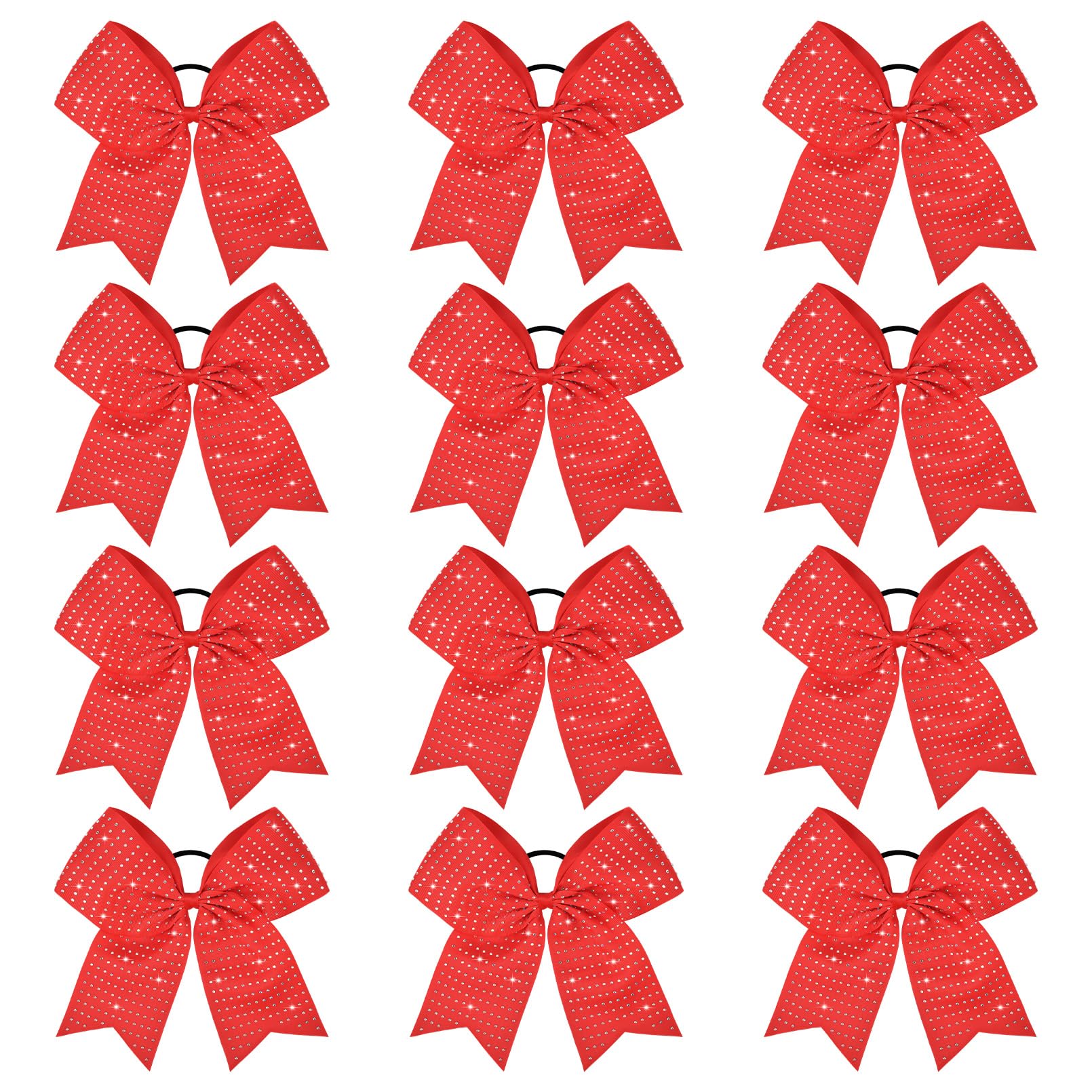 CEELGON 12 PCS Red Glitter Cheer Bows | 8-inch Large Rhinestone Hair Bows for Teens