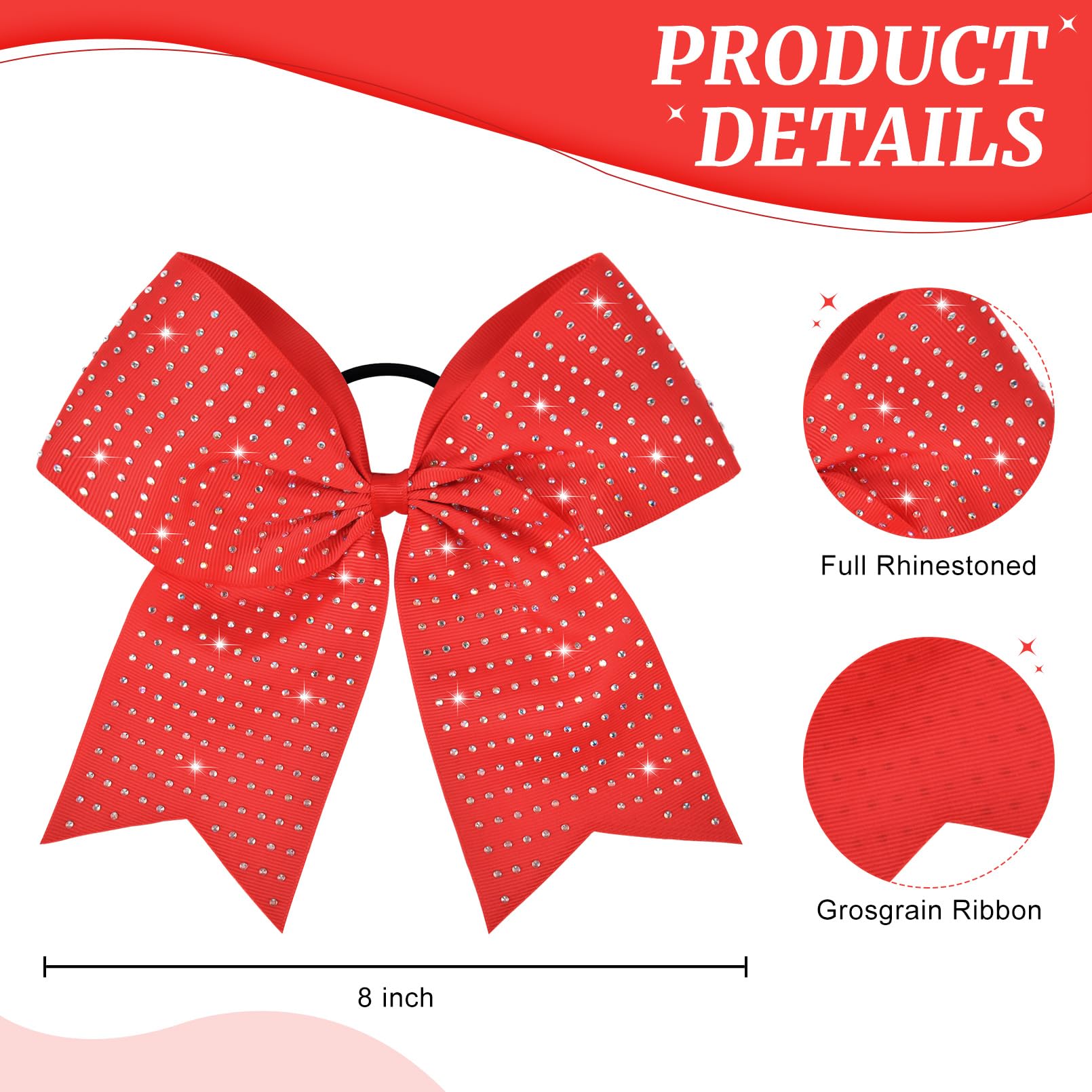 CEELGON 12 PCS Red Glitter Cheer Bows | 8-inch Large Rhinestone Hair Bows for Teens