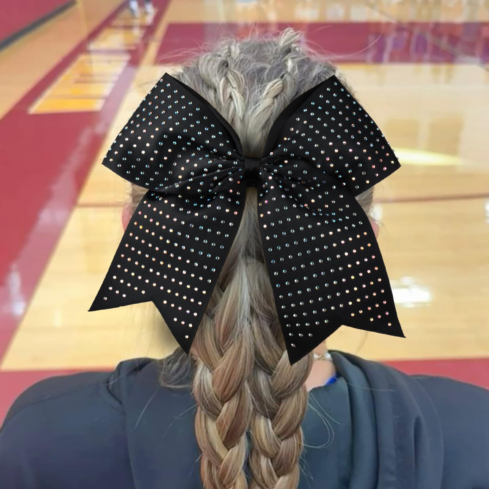 CEELGON 12 Pack Black Glitter Cheer Bows | 8-Inch Rhinestone Ribbon, Elastic Hair Tie