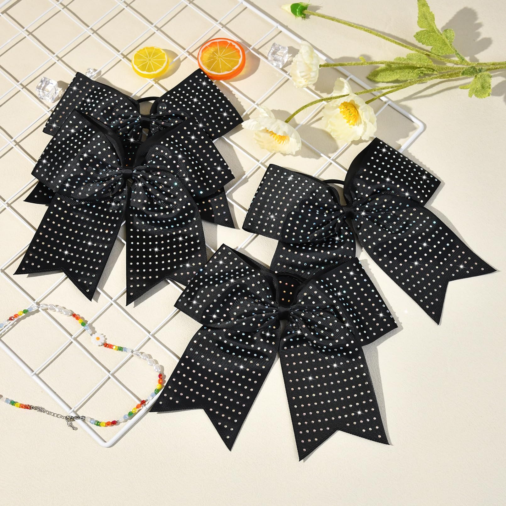 CEELGON 12 Pack Black Glitter Cheer Bows | 8-Inch Rhinestone Ribbon, Elastic Hair Tie