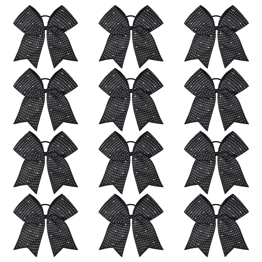 CEELGON 12 Pack Black Glitter Cheer Bows | 8-Inch Rhinestone Ribbon, Elastic Hair Tie