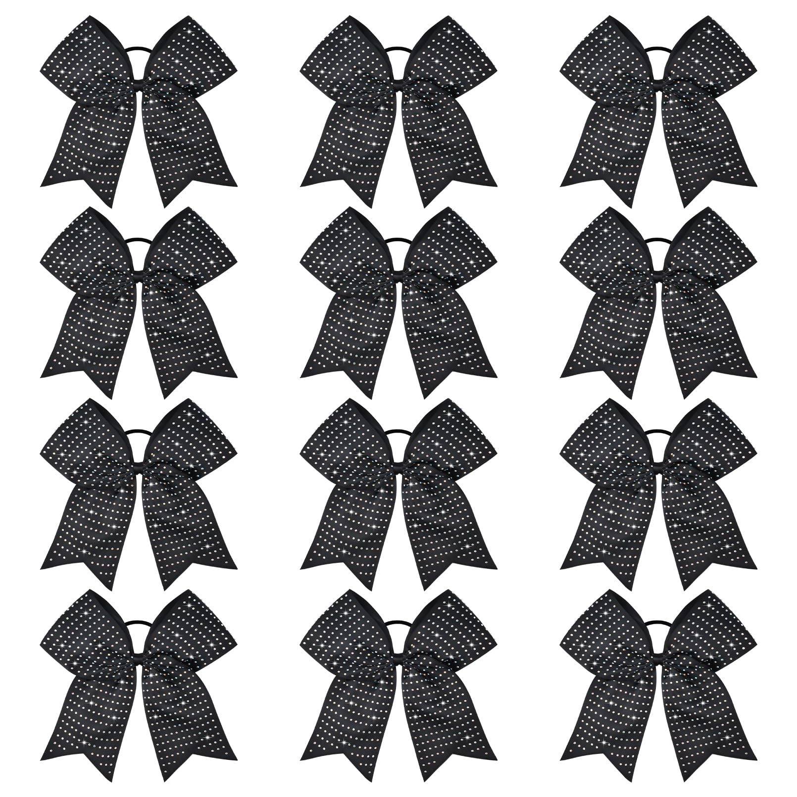 CEELGON 12 Pack Black Glitter Cheer Bows | 8-Inch Rhinestone Ribbon, Elastic Hair Tie