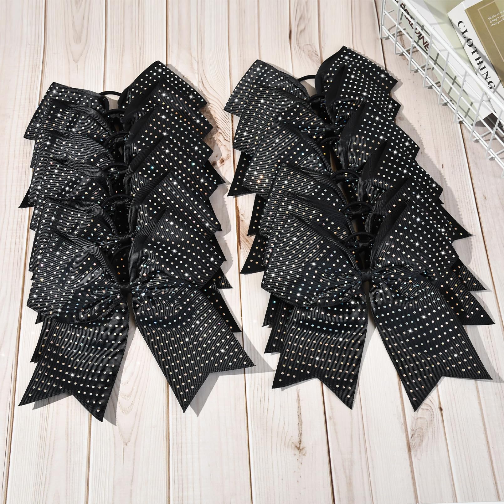 CEELGON 12 Pack Black Glitter Cheer Bows | 8-Inch Rhinestone Ribbon, Elastic Hair Tie