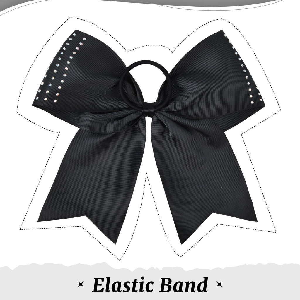 CEELGON 12 Pack Black Glitter Cheer Bows | 8-Inch Rhinestone Ribbon, Elastic Hair Tie