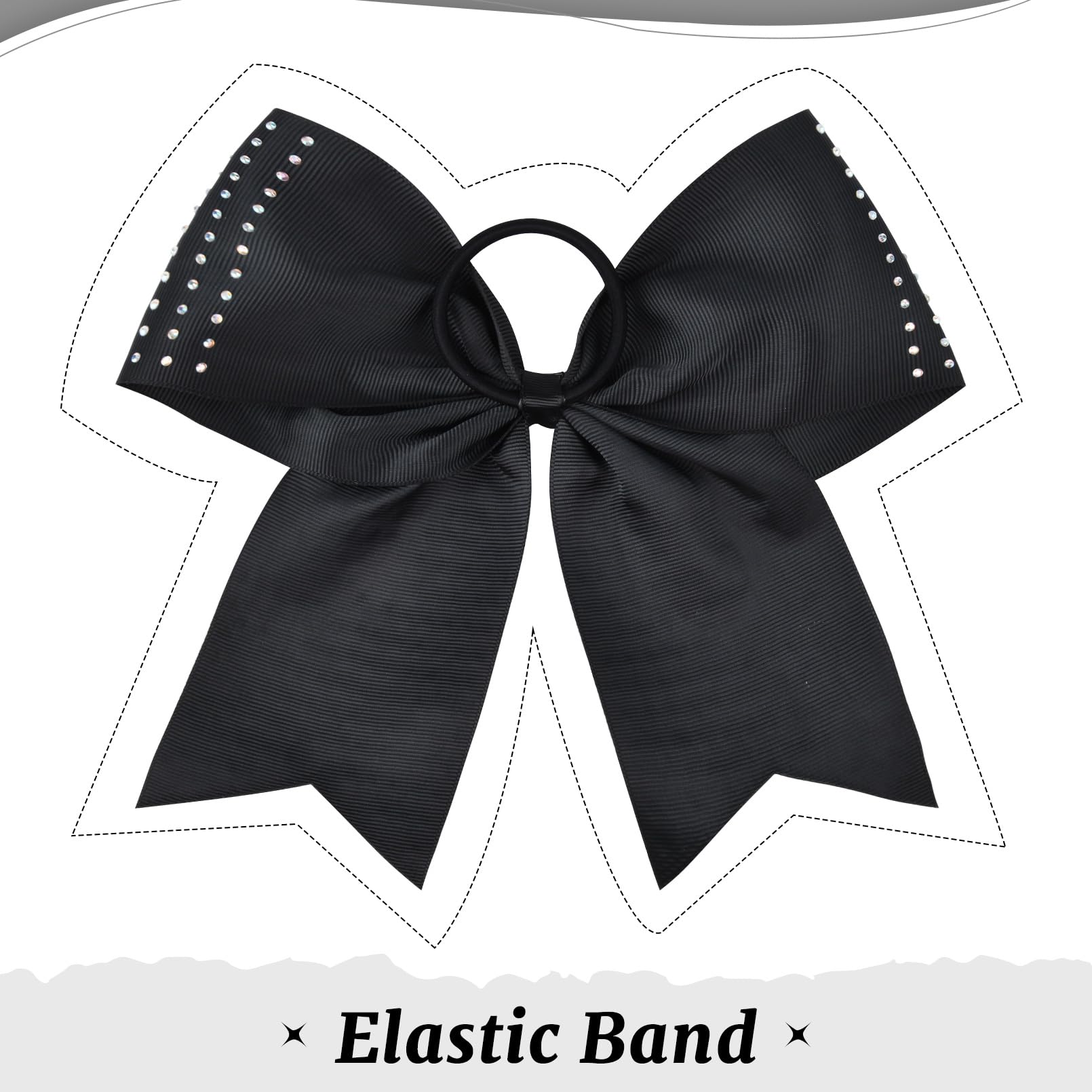 CEELGON 12 Pack Black Glitter Cheer Bows | 8-Inch Rhinestone Ribbon, Elastic Hair Tie