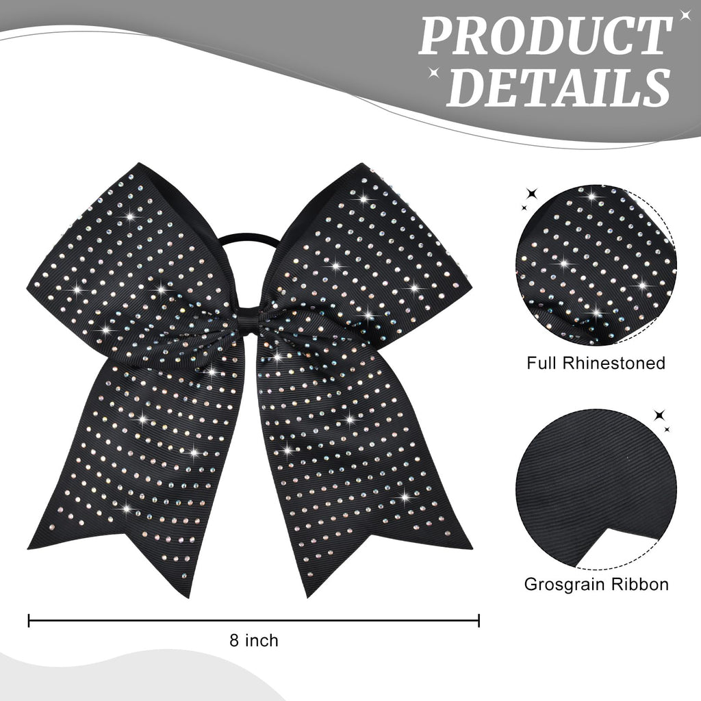 CEELGON 12 Pack Black Glitter Cheer Bows | 8-Inch Rhinestone Ribbon, Elastic Hair Tie