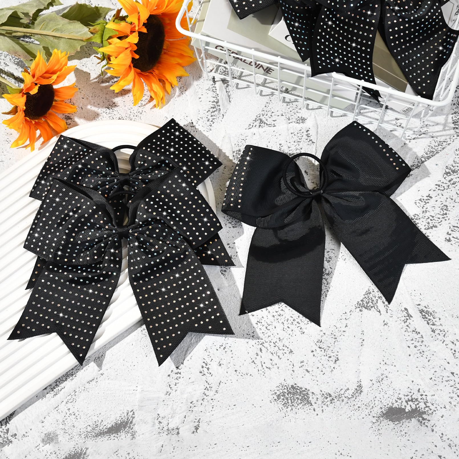 CEELGON 12 Pack Black Glitter Cheer Bows | 8-Inch Rhinestone Ribbon, Elastic Hair Tie