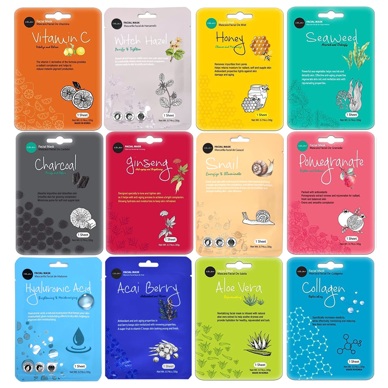 Celavi Essence Face Mask – 12 Pack Set | Hydrating K-Beauty Skincare