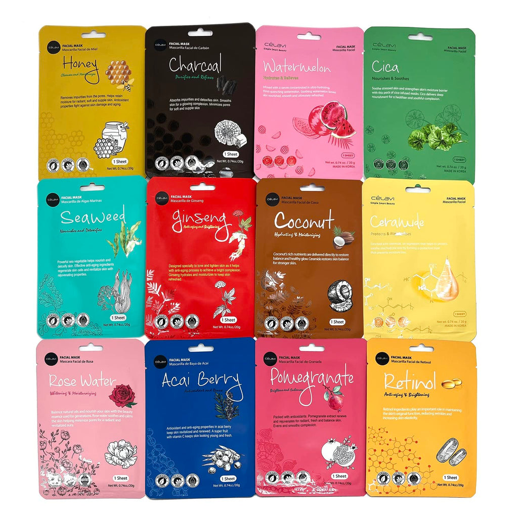 Celavi K-Beauty Essence Masks — 48-Pack Moisturizing Facial Sheet Mask Set