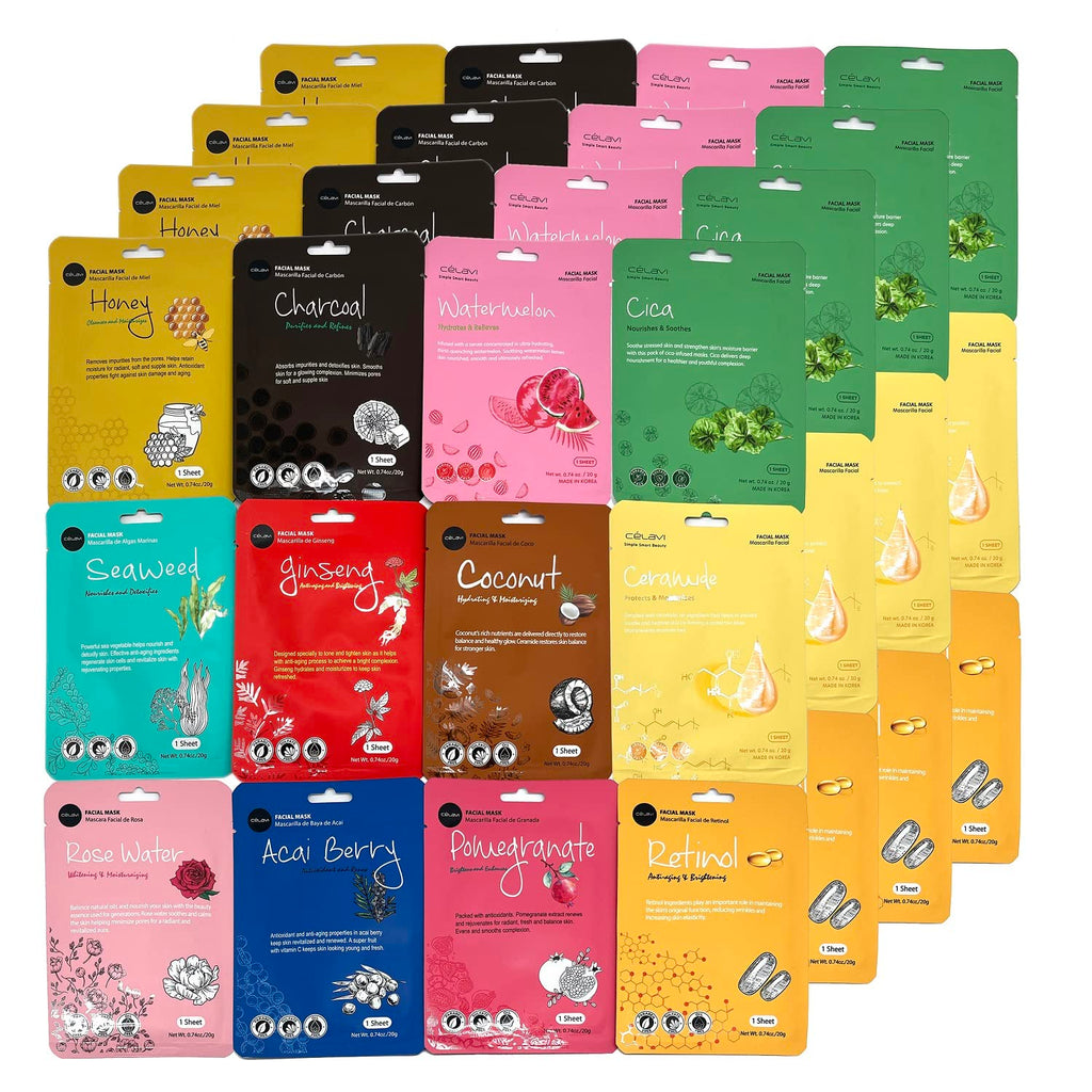 Celavi K-Beauty Essence Masks — 48-Pack Moisturizing Facial Sheet Mask Set