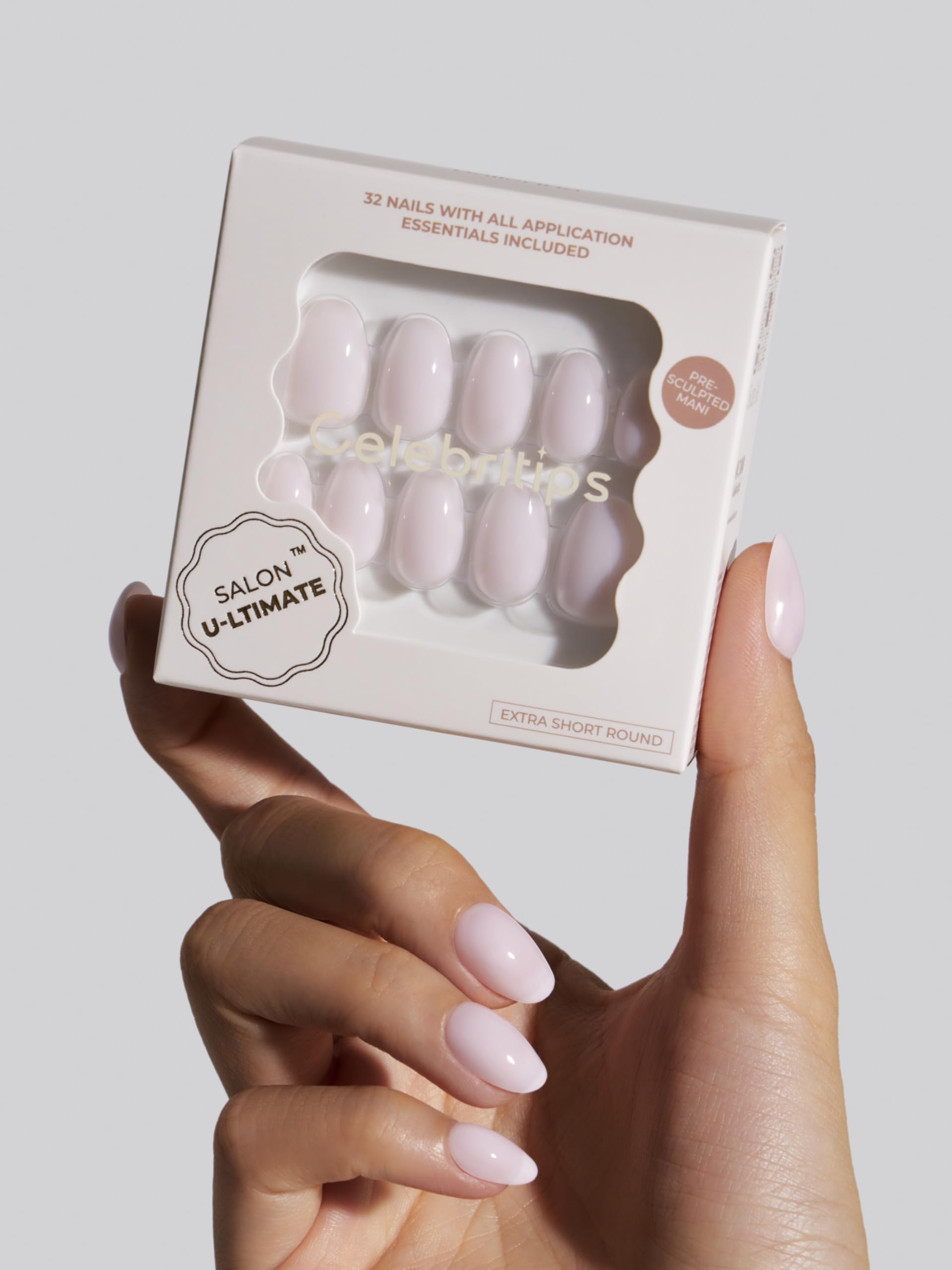 Celebritips Salon U-ltimate Press-On Nails – Ballerina, Extra Short Round, Reusable Kit
