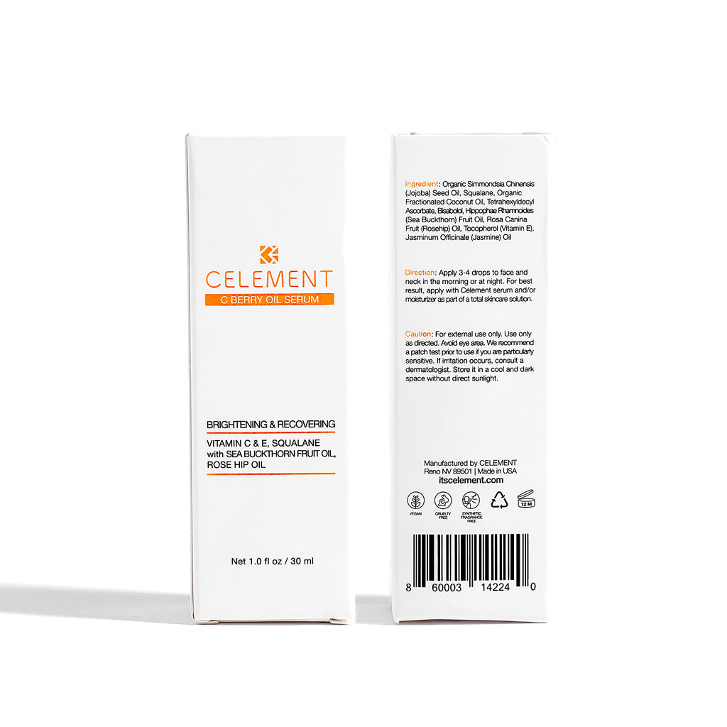 Celement C Berry Oil Serum with Vitamin C, Sea Buckthorn, Rosehip, Jojoba, Squalane – Brightening Serum for Even Tone, Nail & Cuticle Care – 1 fl oz