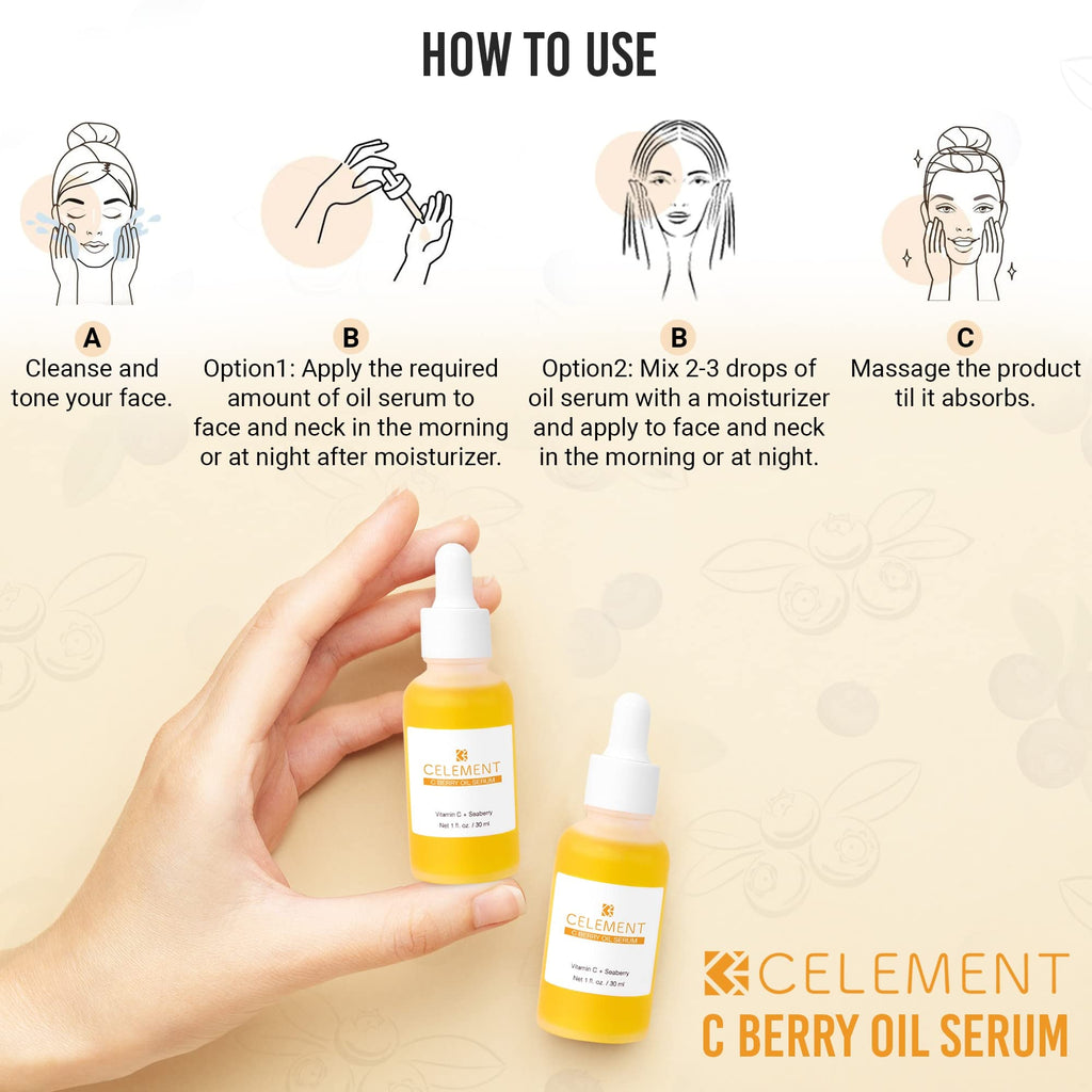 Celement C Berry Oil Serum with Vitamin C, Sea Buckthorn, Rosehip, Jojoba, Squalane – Brightening Serum for Even Tone, Nail & Cuticle Care – 1 fl oz
