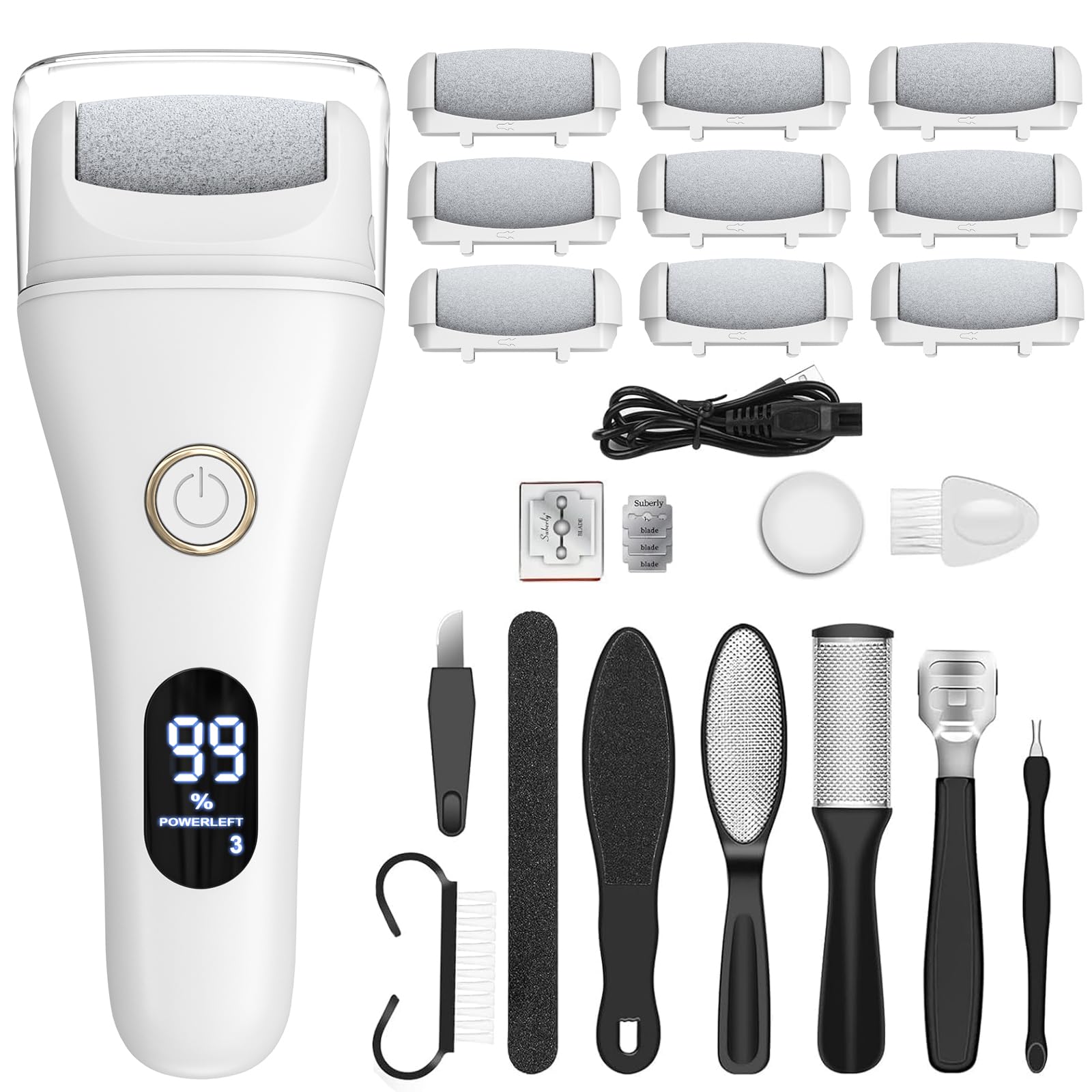 Celepen Electric Foot File Callus Remover – 9 Replacement Rollers, 3 Speeds, IPX7 Waterproof Pedicure Kit