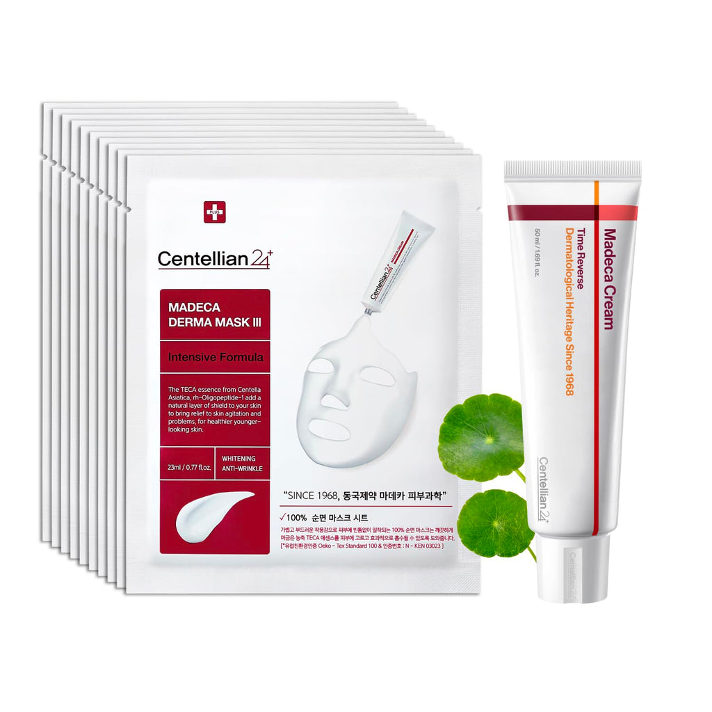 CENTELLIAN 24 Madeca Cream Time Reverse 50ml + Madeca Derma Mask 3(Intensive) 10pc – Hydration, Firming & Wrinkle Care Set