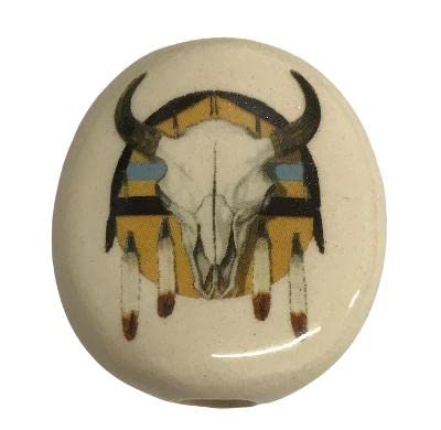 Ceramic Stone Cow Skull Medicine Shield Bead Necklace – Handmade, Kiln-Fired Jewelry