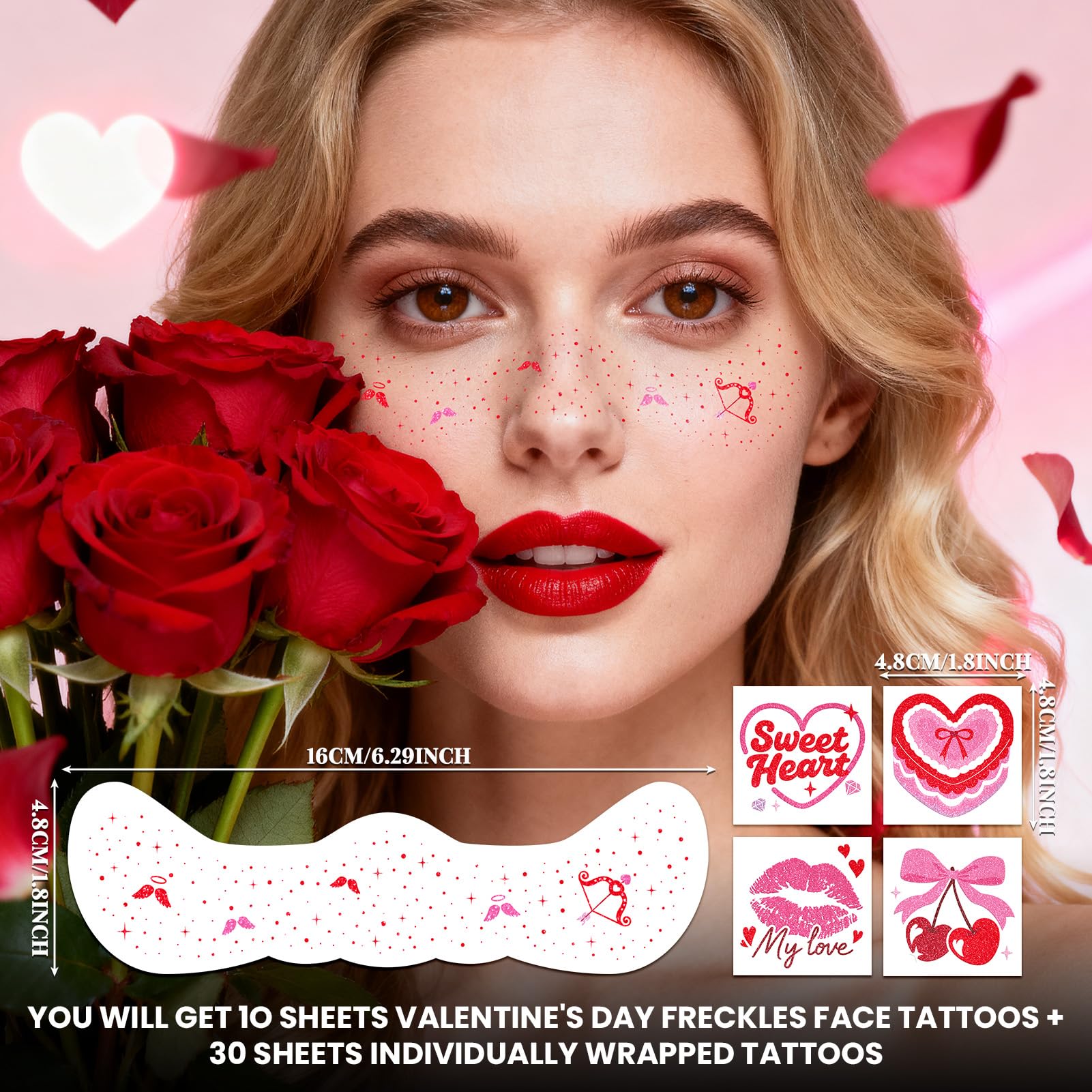 Cerlaza Valentines Day Tattoos & Glitter Freckles — 40 Sheets for Party Fun