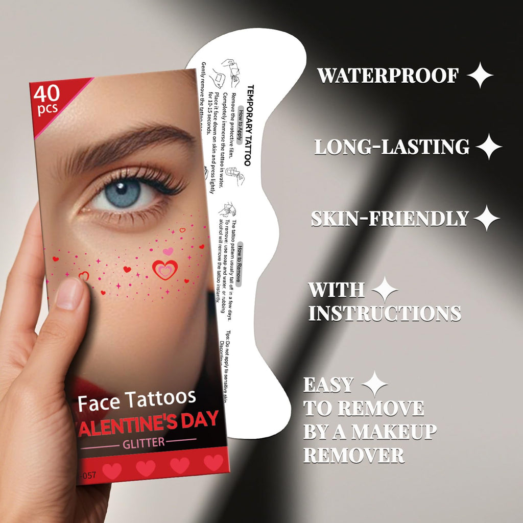 Cerlaza Valentines Day Tattoos & Glitter Freckles — 40 Sheets for Party Fun