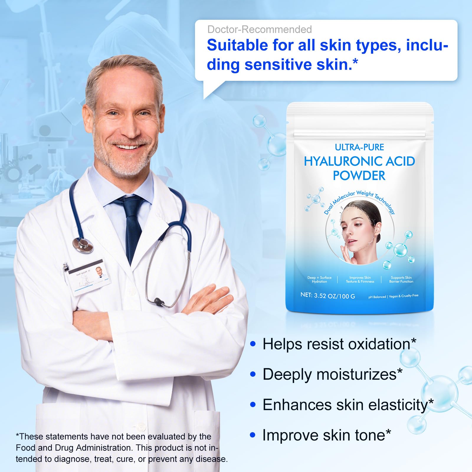 CFXYHNOX Pure Hyaluronic Acid Powder — Dual Molecular Weight Hydration for Skin & DIY Serums