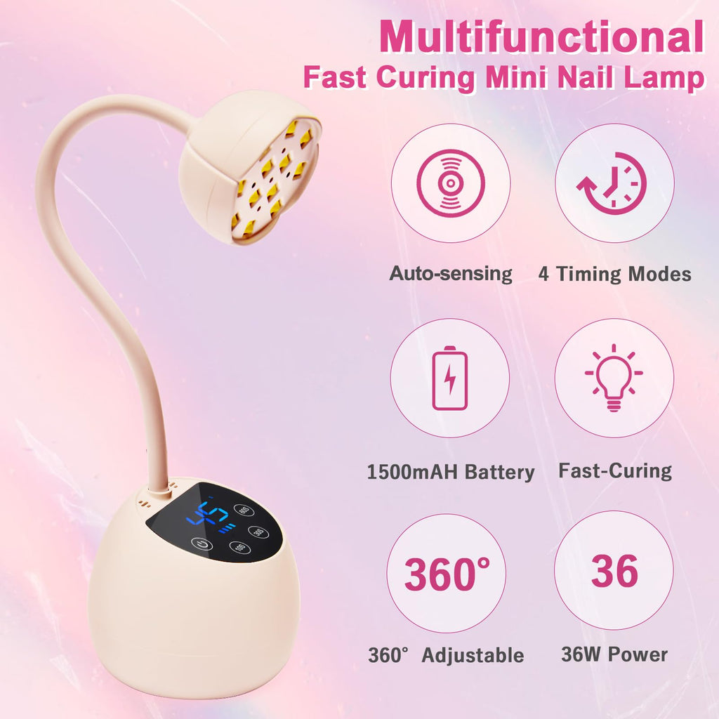 CGBE UV LED Nail Lamp 36W Mini Cordless Gooseneck | USB Rechargeable, 4 Timers & Auto Sensor