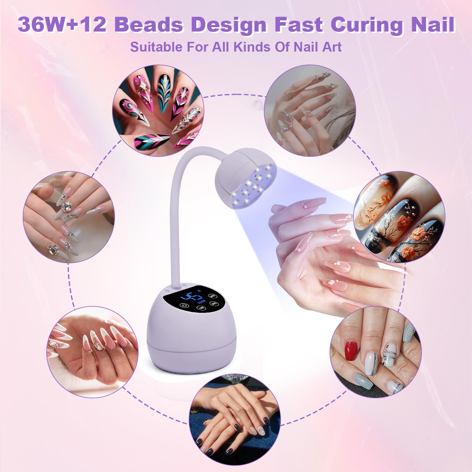 CGBE UV Nail Lamp — Cordless Gooseneck 36W Mini Flash Cure Light, 4 Timers & Auto Sensor (Purple)