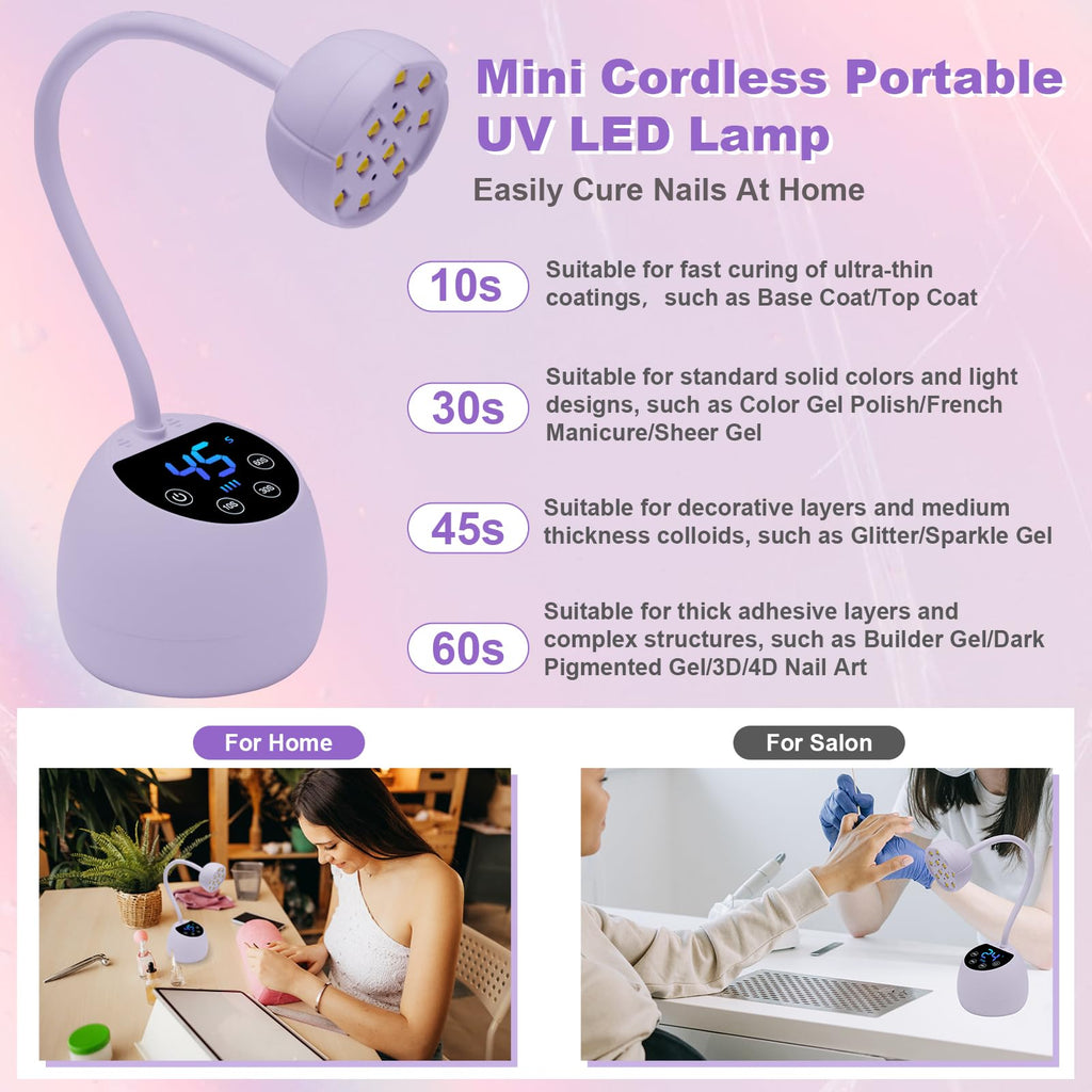 CGBE UV Nail Lamp — Cordless Gooseneck 36W Mini Flash Cure Light, 4 Timers & Auto Sensor (Purple)