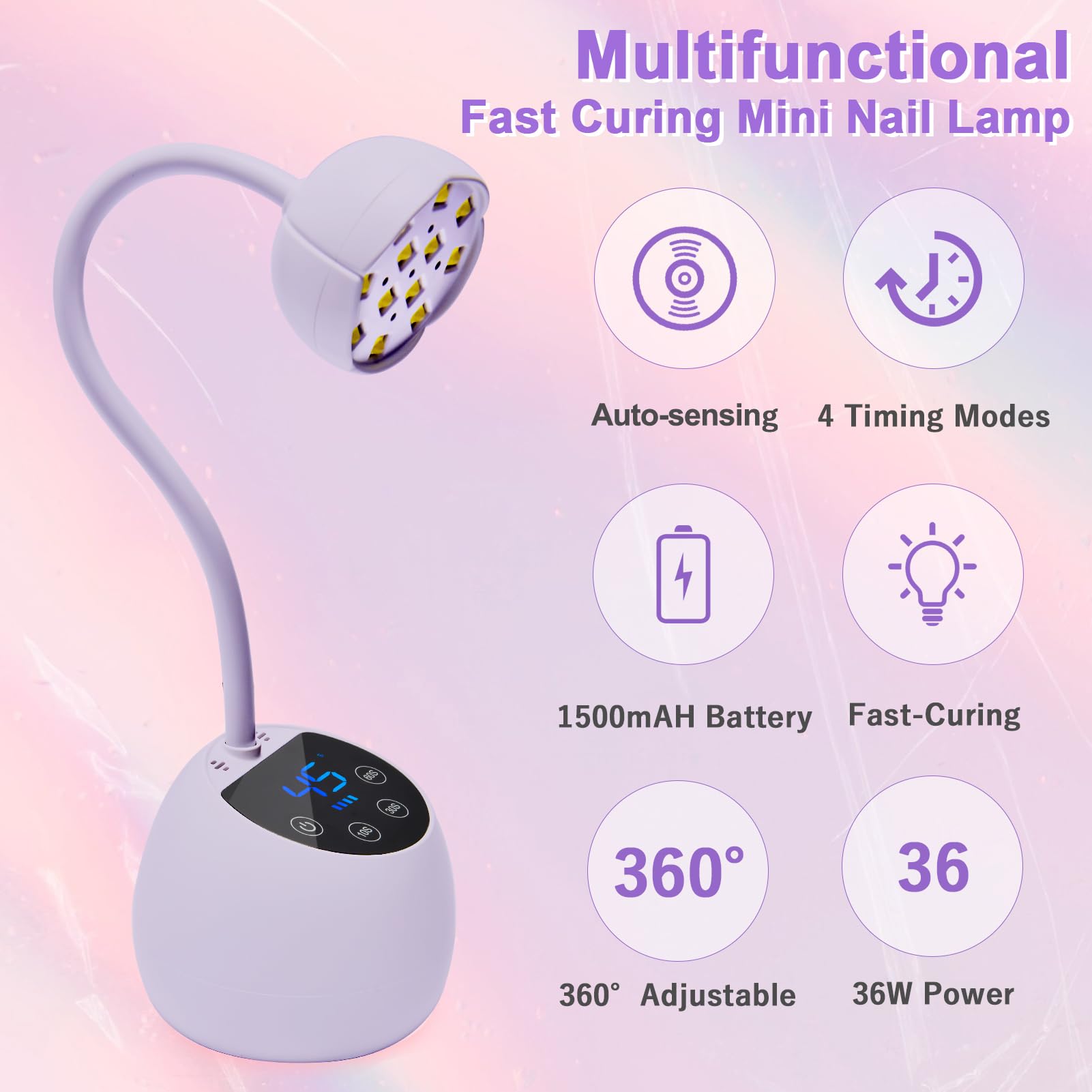 CGBE UV Nail Lamp — Cordless Gooseneck 36W Mini Flash Cure Light, 4 Timers & Auto Sensor (Purple)