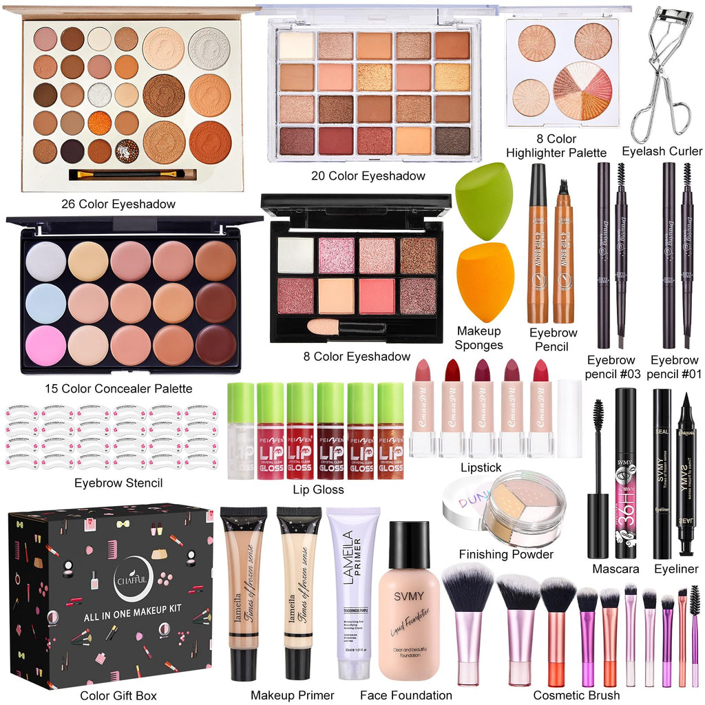 CHAFFUL All-in-One Makeup Kit for Women | Complete Gift Set with Foundation, Palette & Tools
