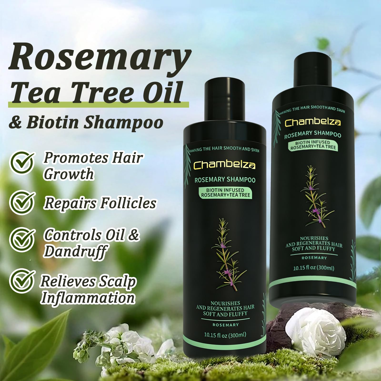 Chambelza Organic Rosemary Hair Growth Shampoo for Men and Women – Biotin & Hydrolyzed Keratin, 2-Pack