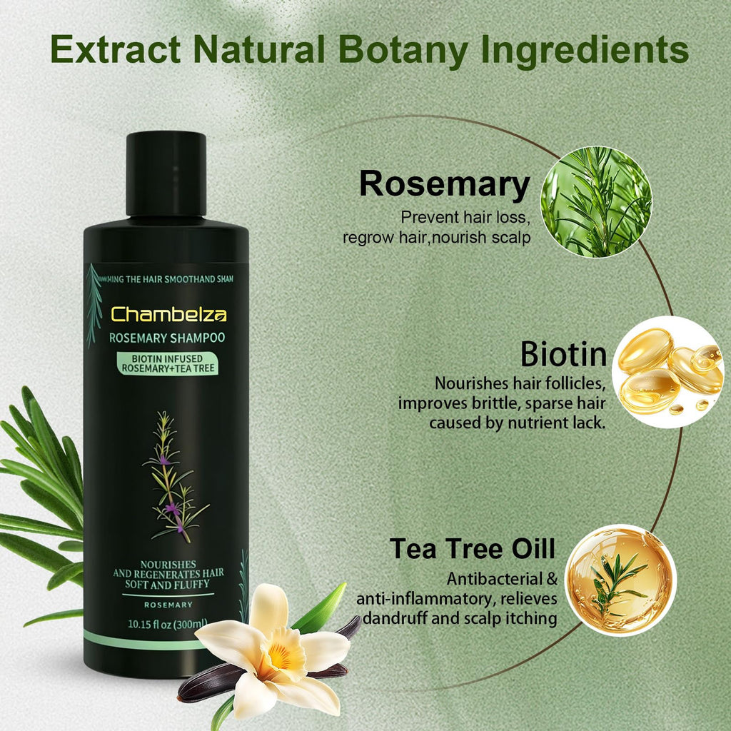 Chambelza Organic Rosemary Hair Growth Shampoo for Men and Women – Biotin & Hydrolyzed Keratin, 2-Pack